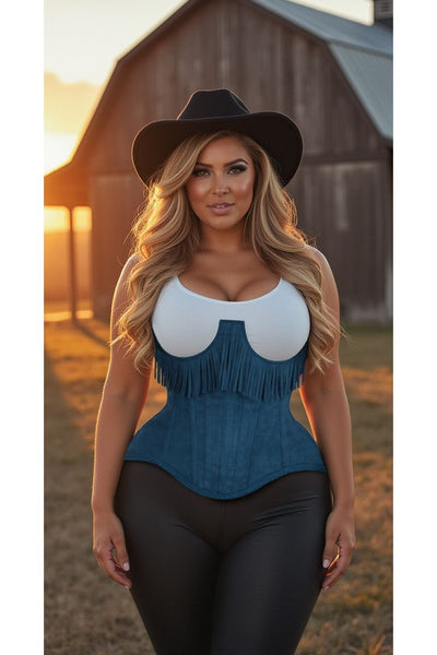 Top Drawer Steel Boned Blue Suede Underwire Underbust Corset Cincher w/Fringe