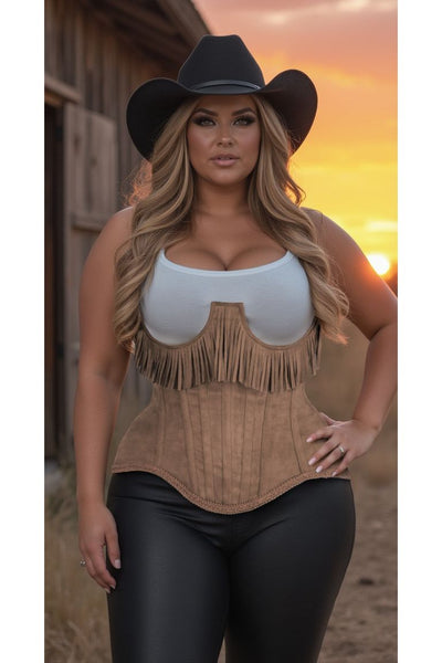 Top Drawer Steel Boned Tan Suede Underwire Underbust Corset Cincher w/Fringe