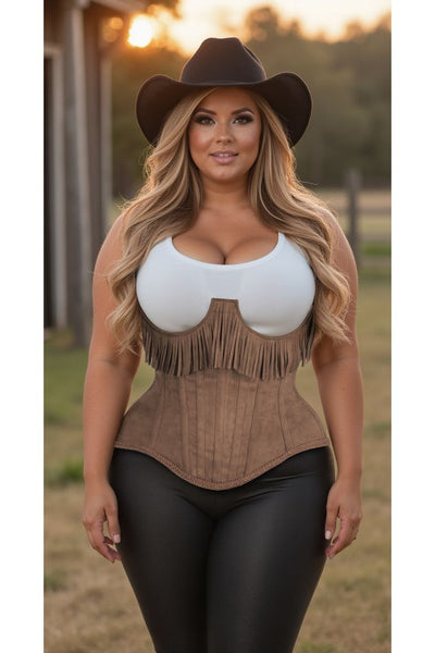 Top Drawer Steel Boned Tan Suede Underwire Underbust Corset Cincher w/Fringe