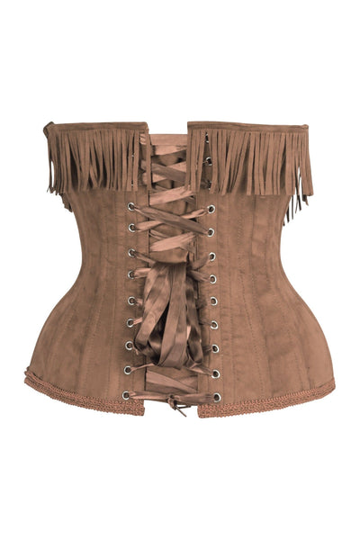 Top Drawer Steel Boned Tan Suede Underwire Underbust Corset Cincher w/Fringe