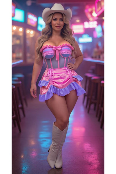 Top Drawer 2 PC Steel Boned Purple/Pink Mesh Underwire Bustier Corset & Skirt Set