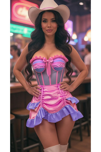 Top Drawer 2 PC Steel Boned Purple/Pink Mesh Underwire Bustier Corset & Skirt Set