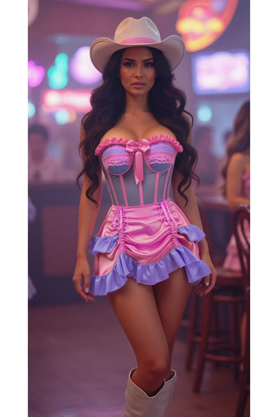 Top Drawer 2 PC Steel Boned Purple/Pink Mesh Underwire Bustier Corset & Skirt Set