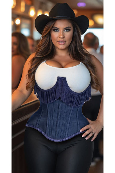 Top Drawer Steel Boned Dark Blue Denim Underwire Underbust Corset Cincher w/Fringe