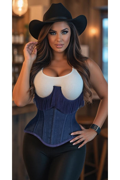 Top Drawer Steel Boned Dark Blue Denim Underwire Underbust Corset Cincher w/Fringe