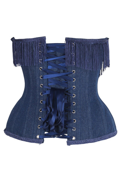 Top Drawer Steel Boned Dark Blue Denim Underwire Underbust Corset Cincher w/Fringe