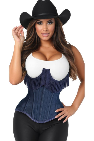 Top Drawer Steel Boned Dark Blue Denim Underwire Underbust Corset Cincher w/Fringe
