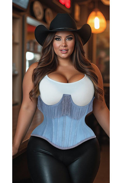 Top Drawer Steel Boned Light Blue Denim Underwire Underbust Corset Cincher w/Fringe