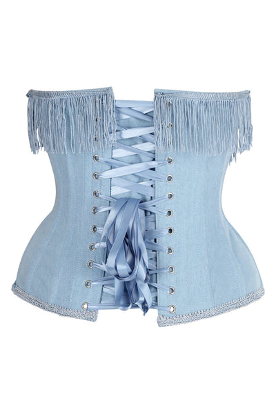 Top Drawer Steel Boned Light Blue Denim Underwire Underbust Corset Cincher w/Fringe
