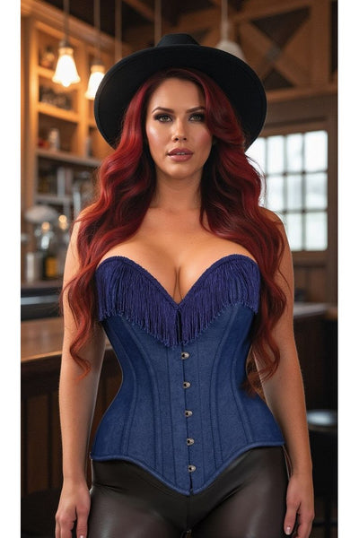 Top Drawer Dark Blue Denim Steel Boned Overbust Corset w/Fringe