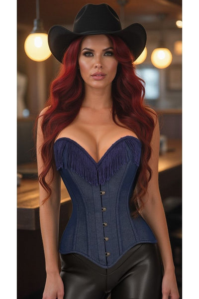 LIMITED EDITION Top Drawer Dark Blue Denim Steel Boned Overbust Corset w/Fringe