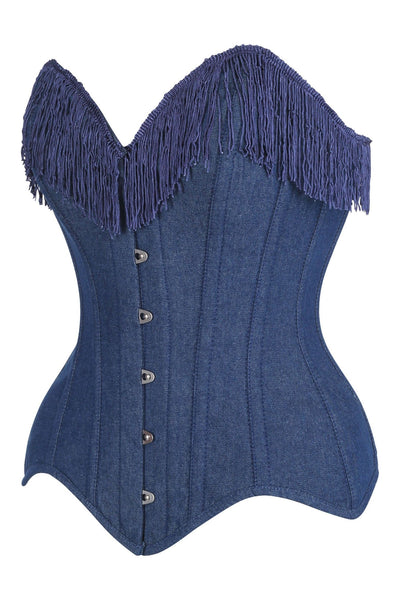 Top Drawer Dark Blue Denim Steel Boned Overbust Corset w/Fringe