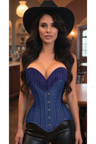 Top Drawer Dark Blue Denim Steel Boned Overbust Corset w/Fringe