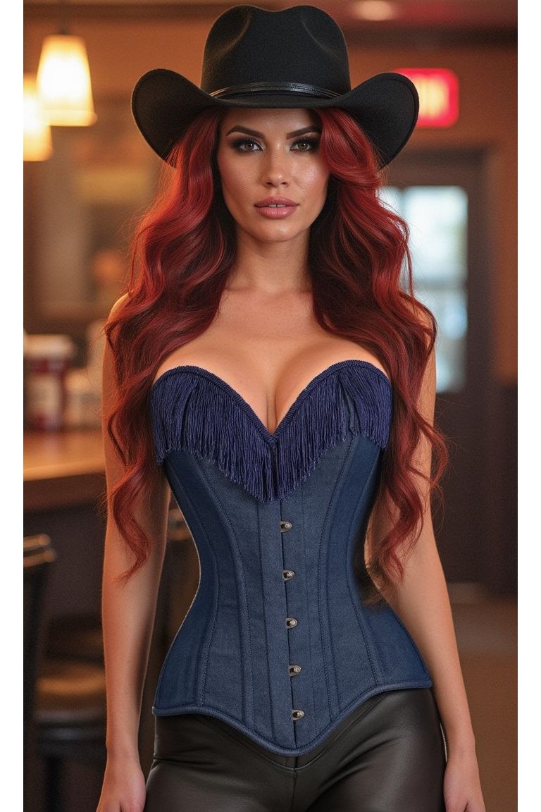 Top Drawer Dark Blue Denim Steel Boned Overbust Corset w/Fringe