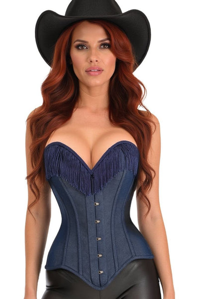 Top Drawer Dark Blue Denim Steel Boned Overbust Corset w/Fringe