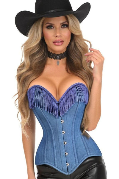 LIMITED EDITION Top Drawer Blue Denim Steel Boned Overbust Corset w/Fringe