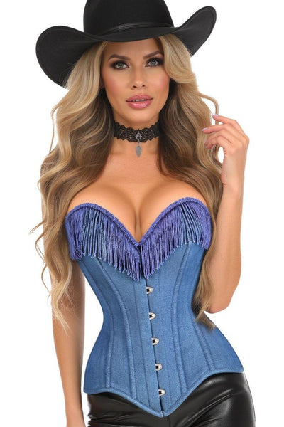Top Drawer Blue Denim Steel Boned Overbust Corset w/Fringe