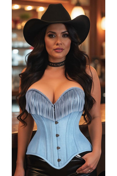 Top Drawer Light Blue Denim Steel Boned Overbust Corset w/Fringe