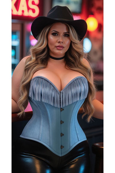 Top Drawer Light Blue Denim Steel Boned Overbust Corset w/Fringe