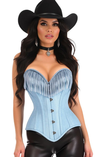 Top Drawer Light Blue Denim Steel Boned Overbust Corset w/Fringe