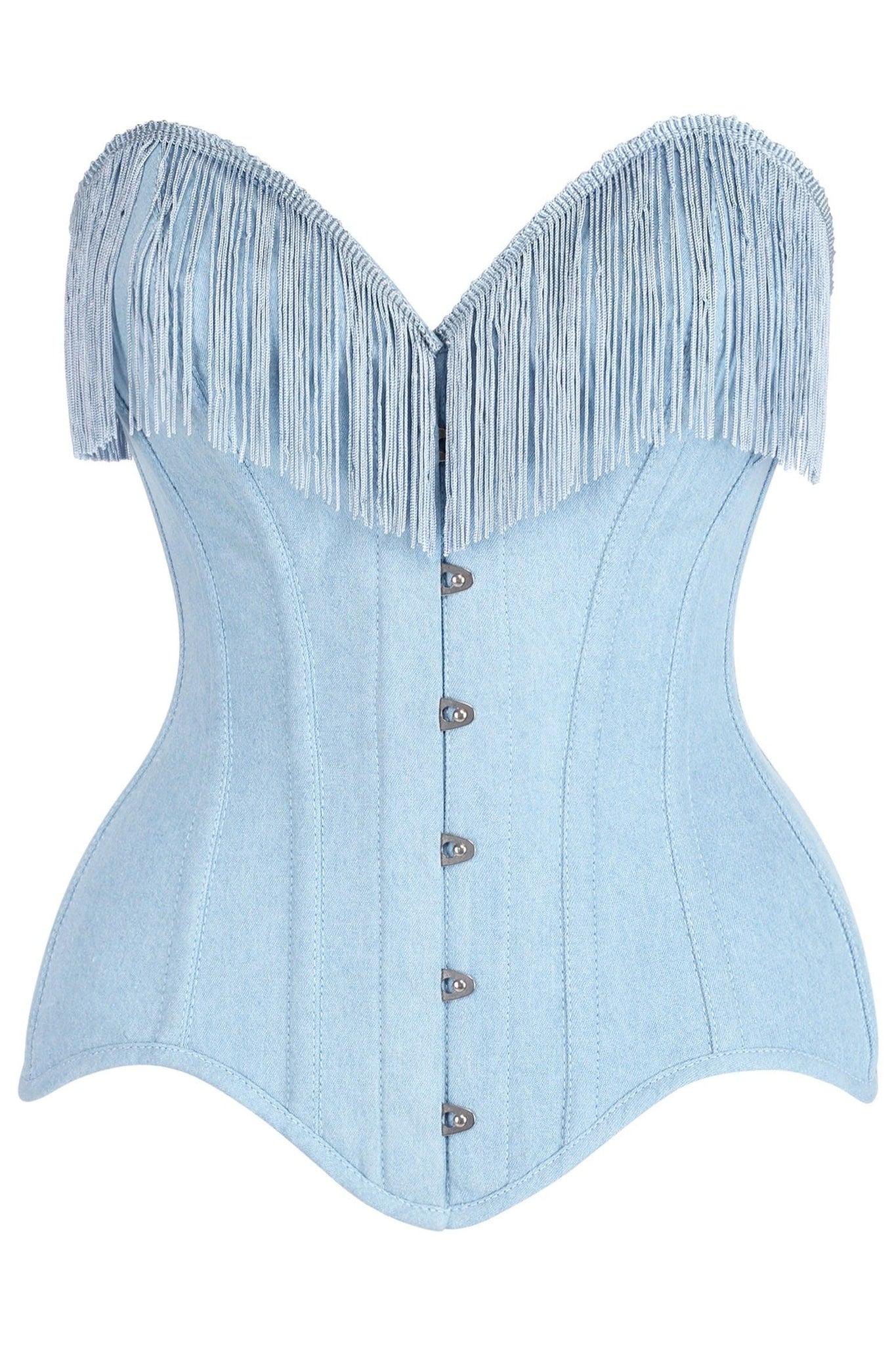 Top Drawer Light Blue Denim Steel Boned Overbust Corset w/Fringe