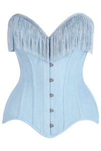 Top Drawer Light Blue Denim Steel Boned Overbust Corset w/Fringe