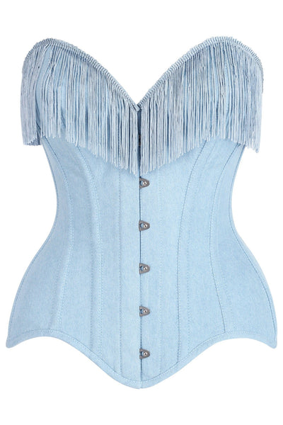 Top Drawer Light Blue Denim Steel Boned Overbust Corset w/Fringe