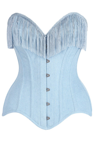 Top Drawer Light Blue Denim Steel Boned Overbust Corset w/Fringe