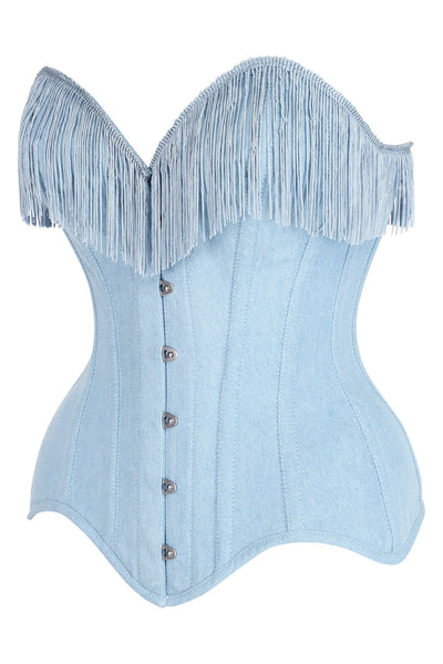 Top Drawer Light Blue Denim Steel Boned Overbust Corset w/Fringe