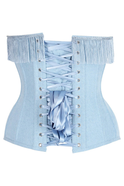 Top Drawer Light Blue Denim Steel Boned Overbust Corset w/Fringe