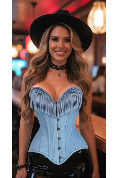 Top Drawer Light Blue Denim Steel Boned Overbust Corset w/Fringe