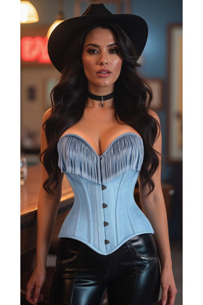 Top Drawer Light Blue Denim Steel Boned Overbust Corset w/Fringe