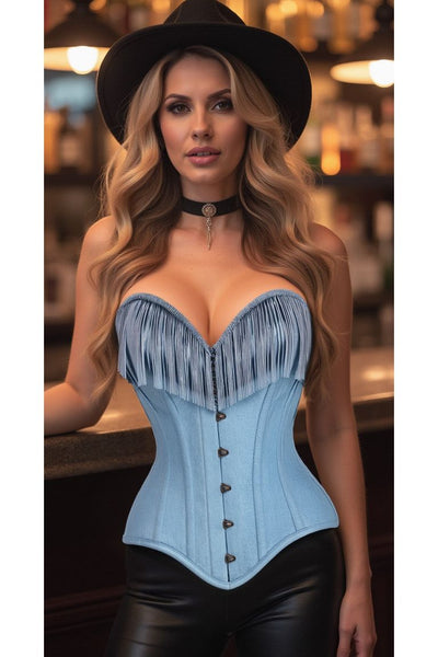 Top Drawer Light Blue Denim Steel Boned Overbust Corset w/Fringe