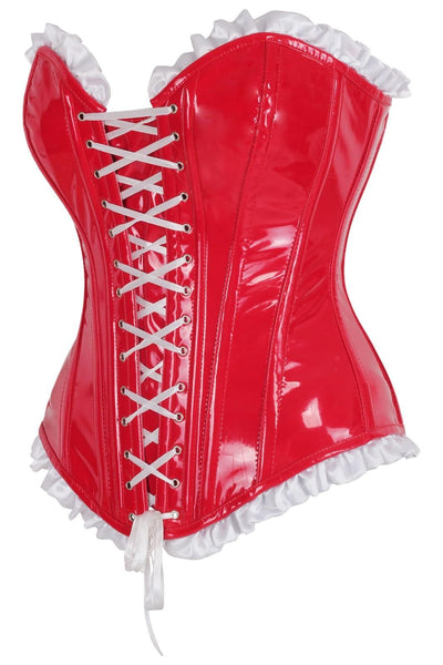 Top Drawer 2 PC Steel Boned Red Vinyl Patent Corset & Striped Bloomers Set