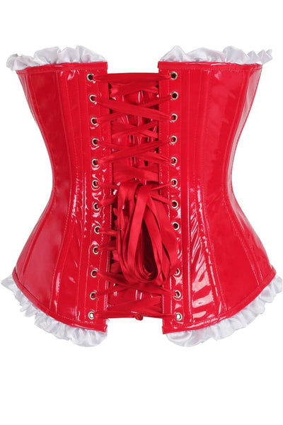 Top Drawer 2 PC Steel Boned Red Vinyl Patent Corset & Striped Bloomers Set