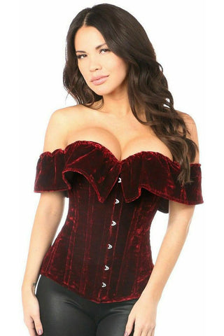 Top Drawer Dark Red Velvet Off-The-Shoulder Steel Boned Corset - Daisy Corsets