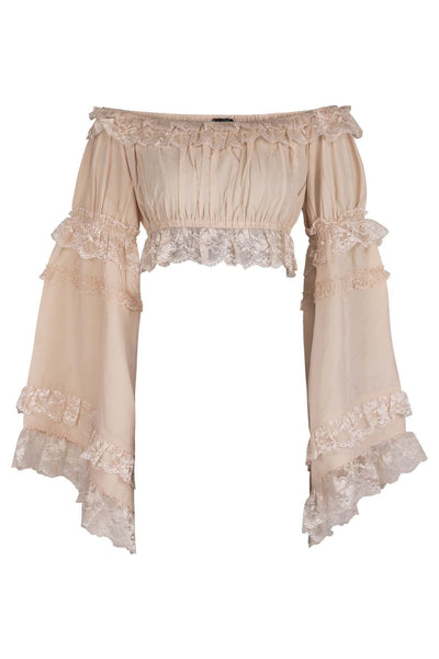 Beige Smocked Flare Sleeve Peasant Top - Daisy Corsets