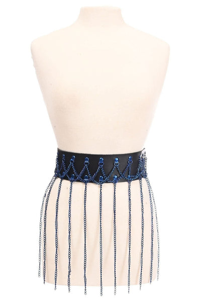 Black Faux Leather & Blue Metallic Chain Fringe Skirt - Daisy Corsets