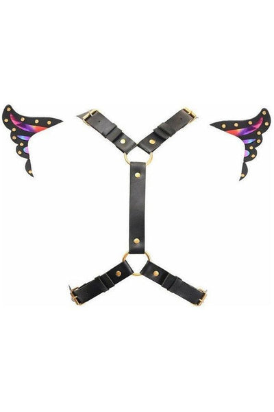 Black Faux Leather & Rainbow Holo Butterfly Wing Harness - Daisy Corsets