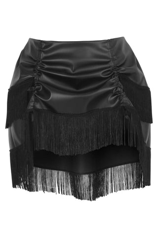 Black Faux Leather Ruched Bustle Skirt w/Fringe - Daisy Corsets