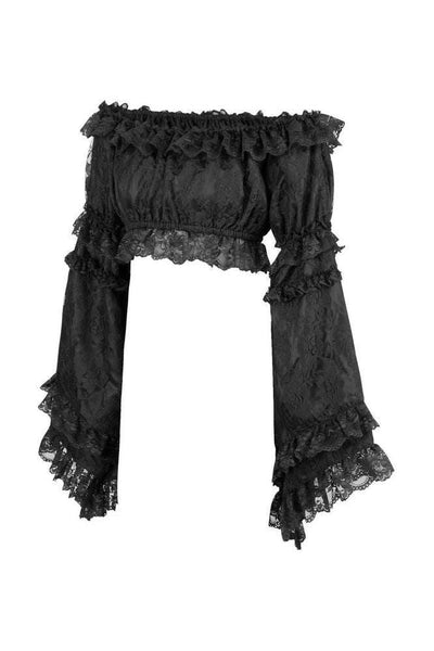 Black Lace Smocked Flare Sleeve Peasant Top - Daisy Corsets