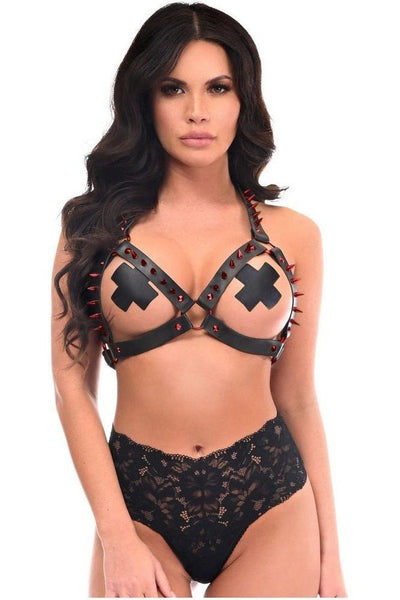 Black Vegan Leather & Red Metallic Spikes Body Harness - Daisy Corsets