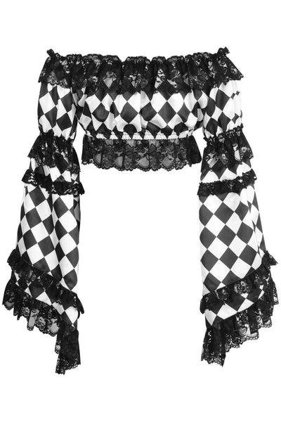 Black/White Diamond Print Satin & Lace Peasant Top - Daisy Corsets