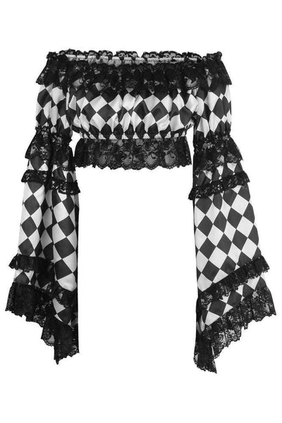 Black/White Diamond Print Satin & Lace Peasant Top - Daisy Corsets