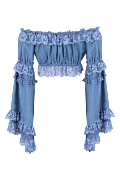 Blue Denim Smocked Flare Sleeve Peasant Top - Daisy Corsets