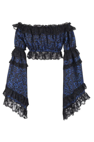 Blue/Black Brocade Smocked Flare Sleeve Peasant Top - Daisy Corsets