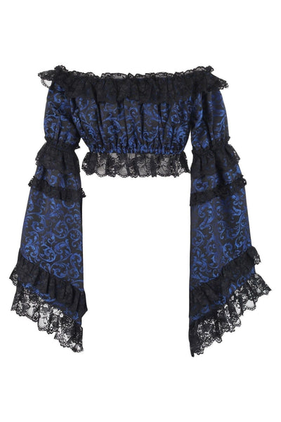 Blue/Black Brocade Smocked Flare Sleeve Peasant Top - Daisy Corsets