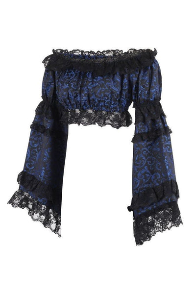 Blue/Black Brocade Smocked Flare Sleeve Peasant Top - Daisy Corsets