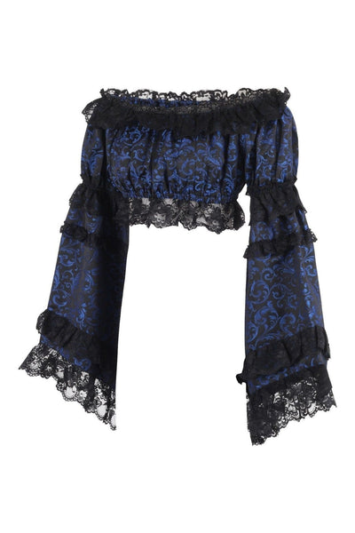 Blue/Black Brocade Smocked Flare Sleeve Peasant Top - Daisy Corsets