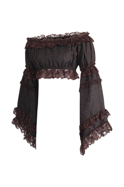 Brown Brocade Smocked Flare Sleeve Peasant Top - Daisy Corsets